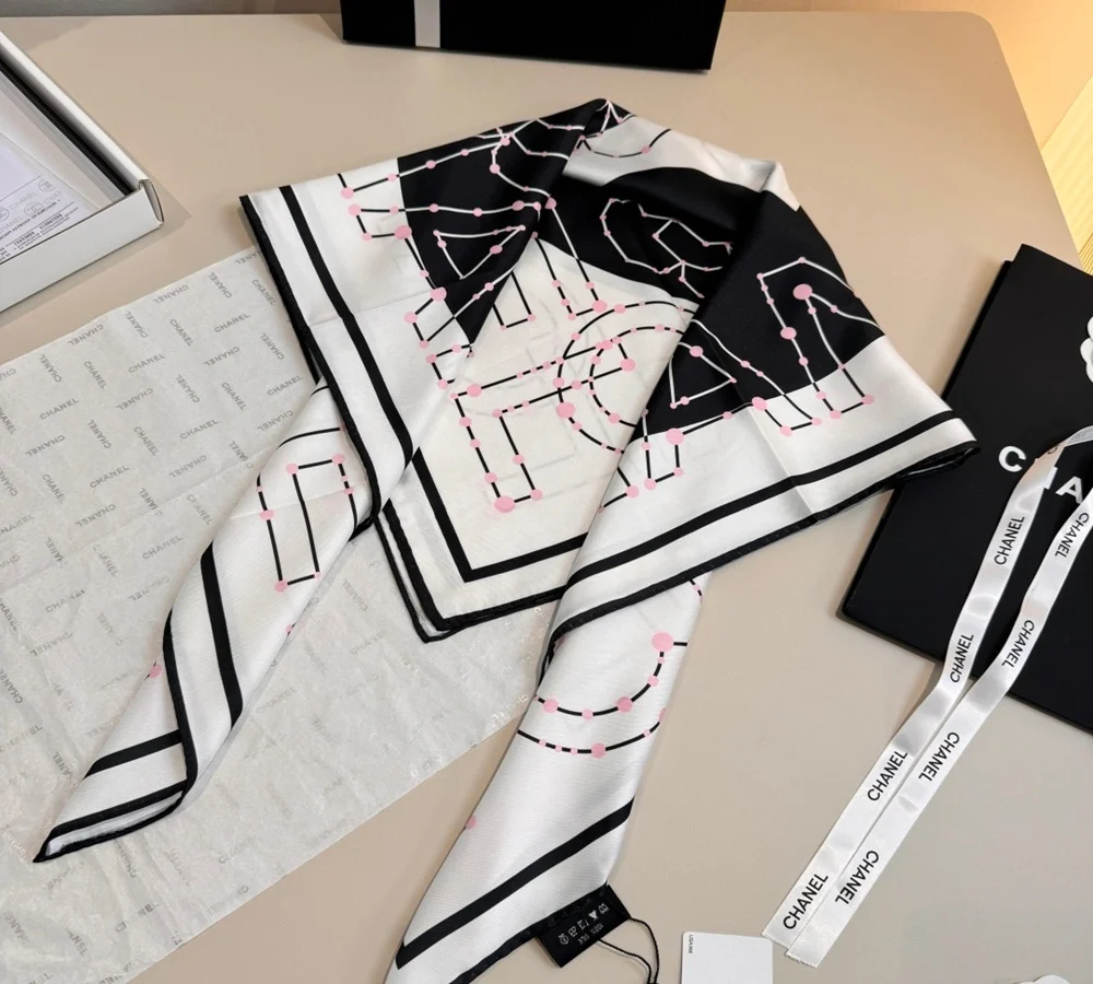 Chanel Graphic Line Silk Scarf (Black, White & Pink)
